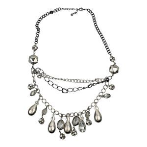 Multi Layered  Necklace Faceted Beads Teardrops Silver Tone Chains